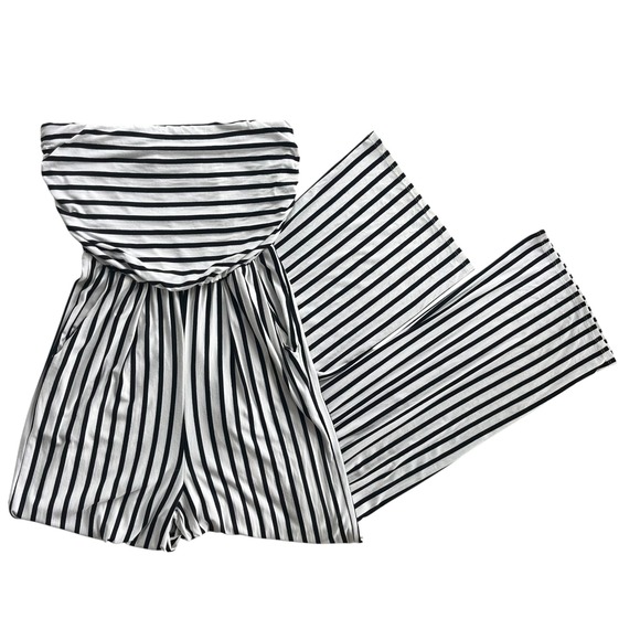Altar'd State Womens S Black White Striped Strapless Wide Leg Jumpsuit Chic Boho - Picture 1 of 16